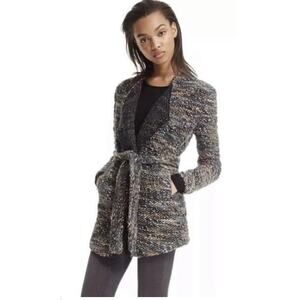 IRO Campiaspe Wool Blend Long Sleeve Belted Tweed Cardigan Jacket Black Women 40